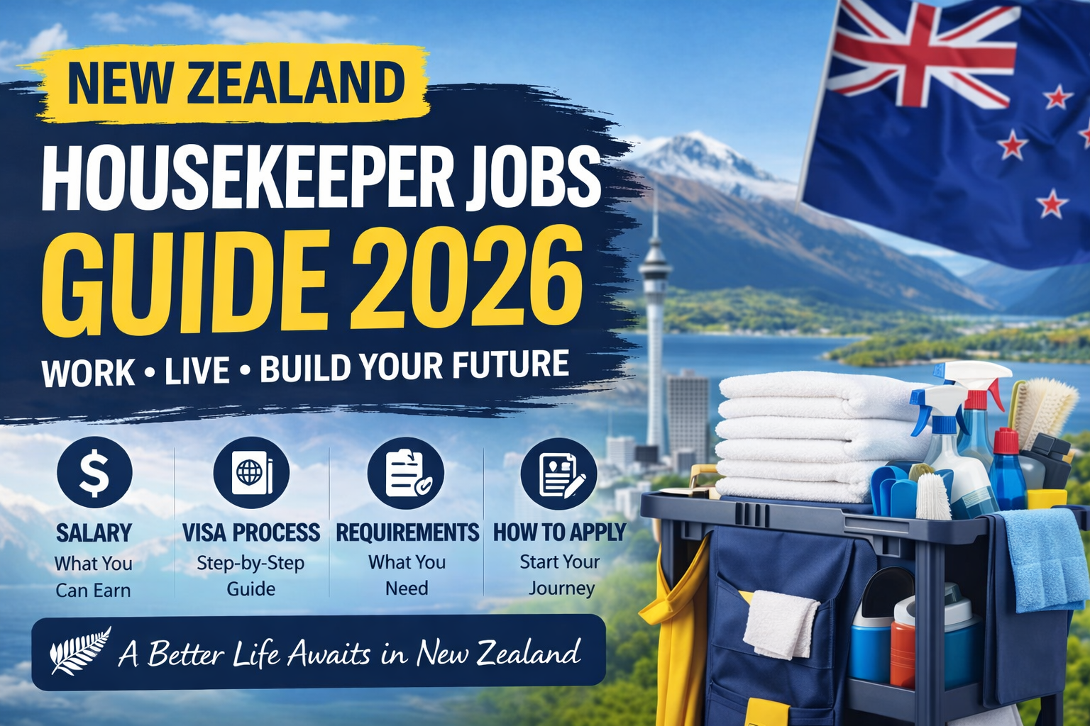 New Zealand housekeeper jobs 2026 guide. Learn salary, visa options, requirements, and how to apply for housekeeping jobs in New Zealand.
