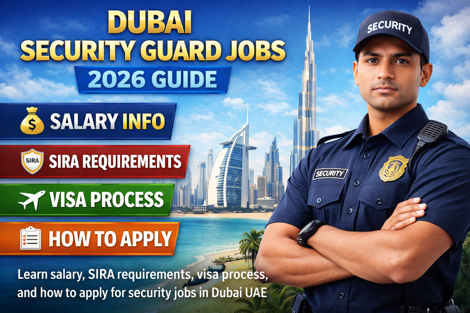 Dubai security guard jobs 2026 guide. Learn salary, SIRA requirements, visa process, and how to apply for security jobs in Dubai UAE.