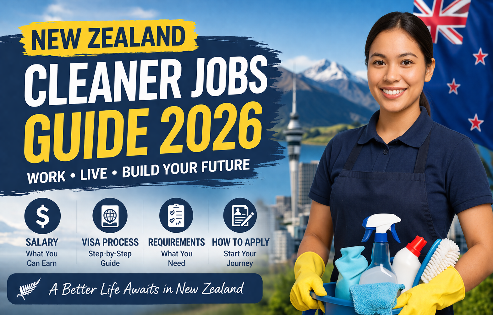 New Zealand cleaner jobs guide 2026. Learn salary, visa process, requirements, and how to apply for cleaning jobs in New Zealand.