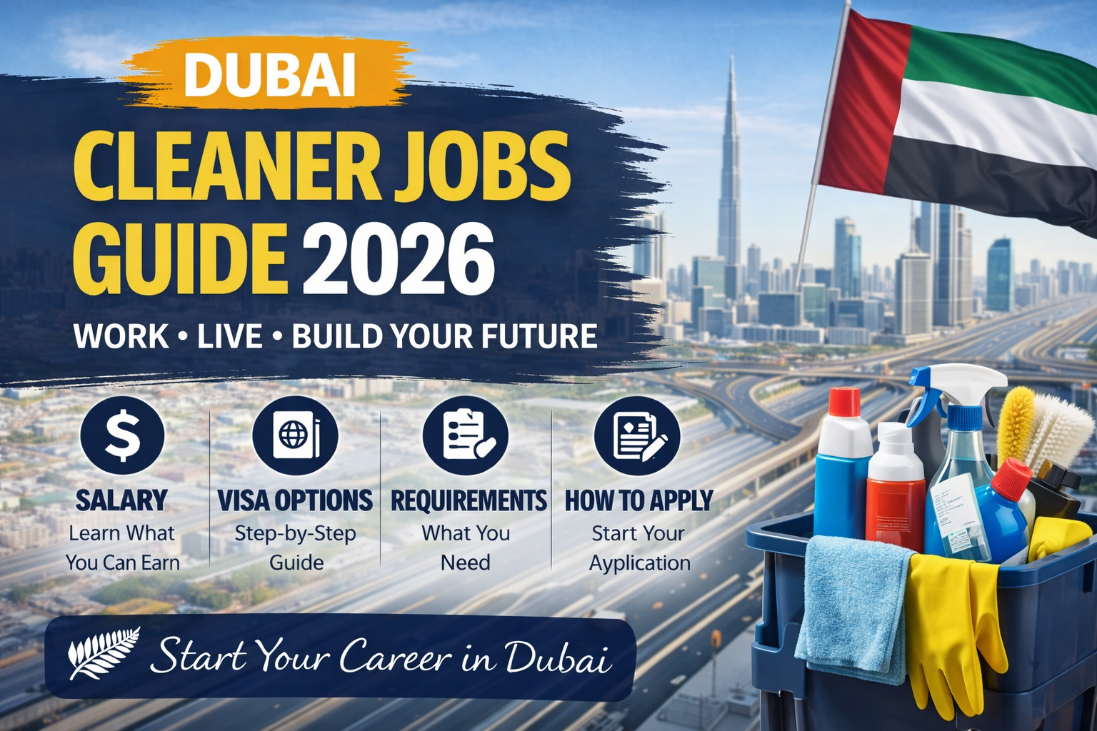 Dubai cleaner jobs 2026 complete guide. Learn salary, visa process, benefits, requirements, and how to apply for cleaning jobs in Dubai UAE.